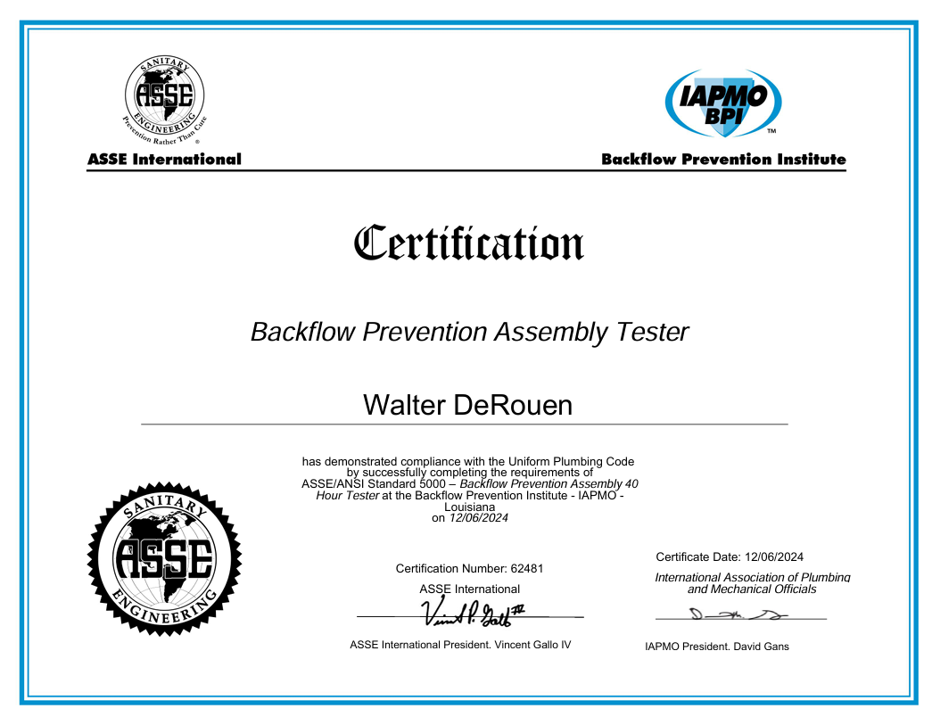 Backflow Prevention Assembly Tester Certification for Walter DeRouen