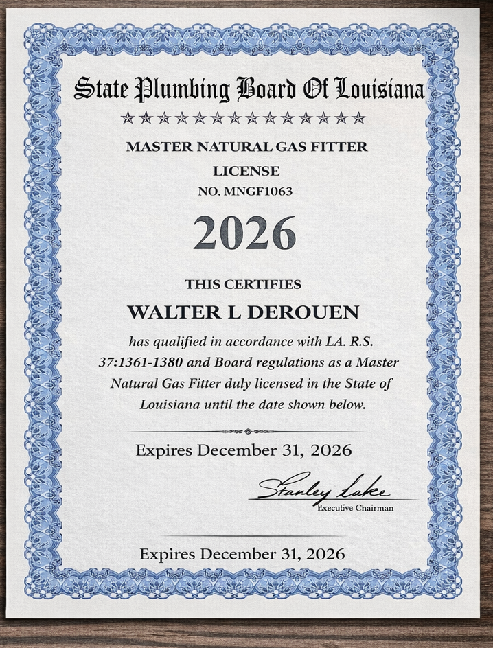 Louisiana Master Natural Gas Fitter License for Walter L Derouen