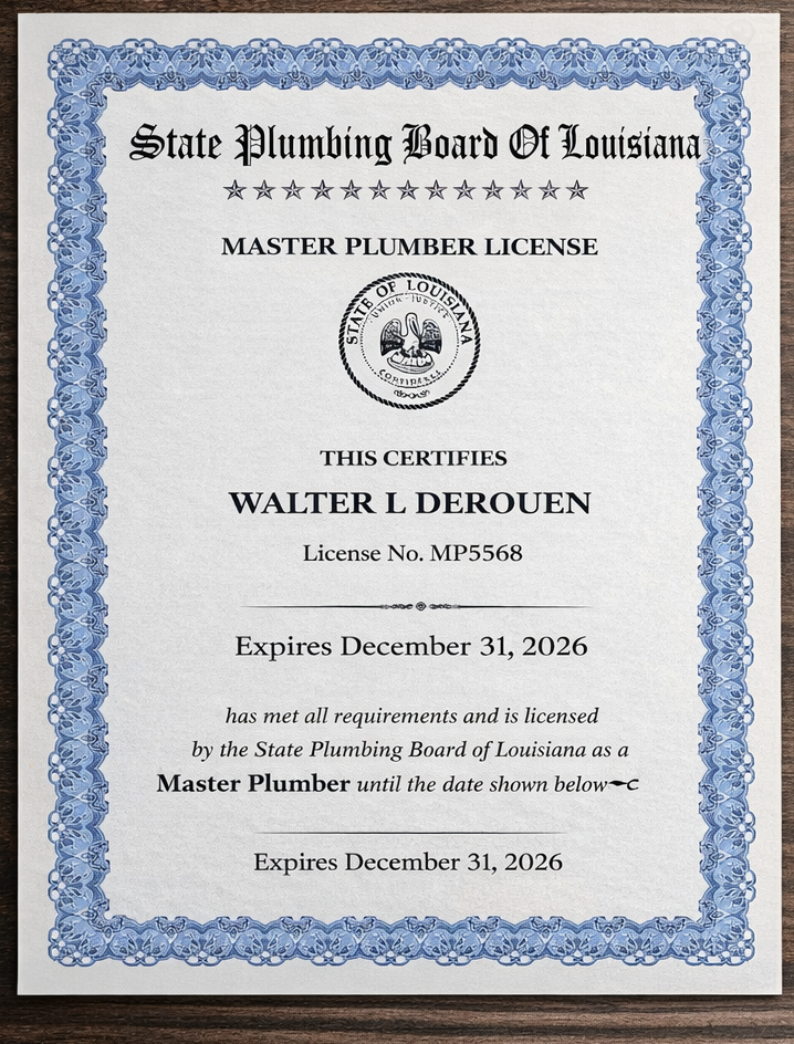 Louisiana Master Plumber License for Walter L Derouen